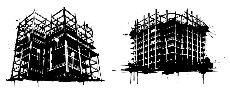 Building steel frame construction skeleton in industrial ink splash style
