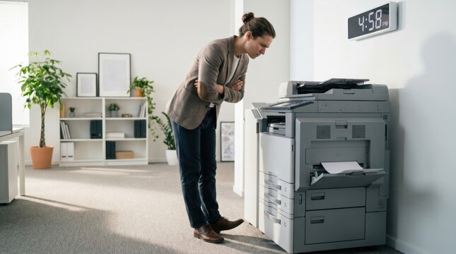 Businesswoman in a brown blazer looking frustrated at a malfunctioning office printer before a late afternoon deadline.