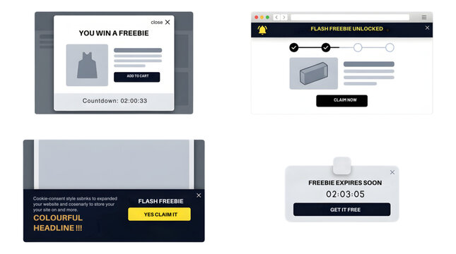 Collection of four digital pop-up notifications with timer and call to action buttons