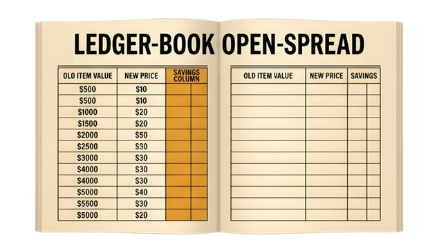 Open ledger book with columns for old item value, new price, and savings