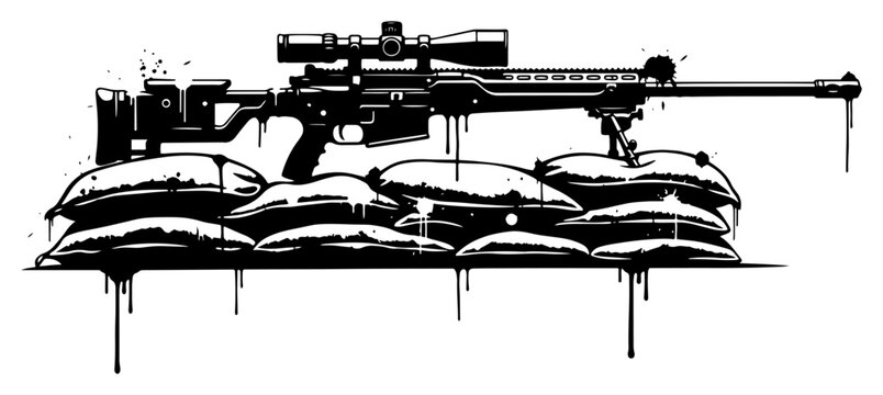Sniper rifle resting on sandbags in urban graffiti stencil style with paint drips