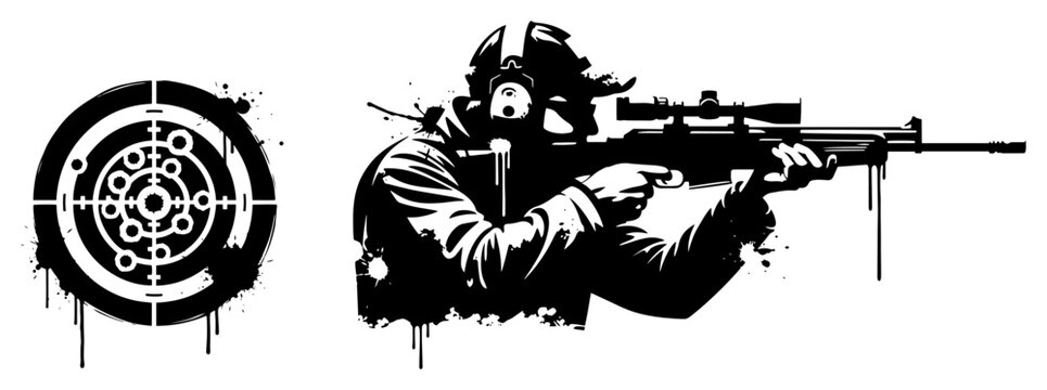 Shooting range target and sniper marksman with rifle in grungy stencil paint style