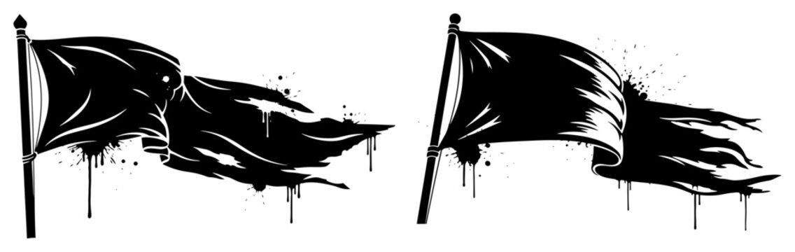 Tattered flags waving on poles in black and white ink splatter style