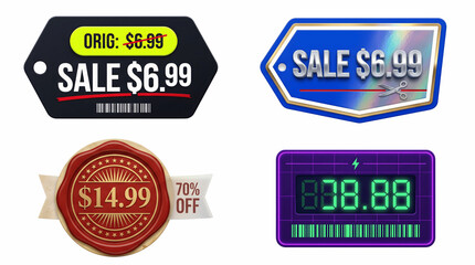 Obraz premium Collection of four price tags and sale labels isolated on transparent background
