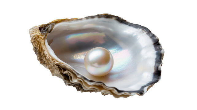 Single shiny white pearl resting inside an open oyster shell on a white background isolated on a transparent background