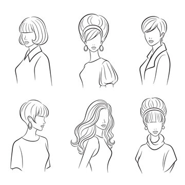 Set of six retro women's hairstyles in minimalist line art, showcasing various vintage haircuts and fashion from different eras.