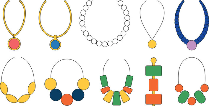 Set of Colorful Necklace Vector Illustrations Featuring Beaded, Geometric, and Pendant Designs for Fashion, Jewelry, and Accessory Design Projects