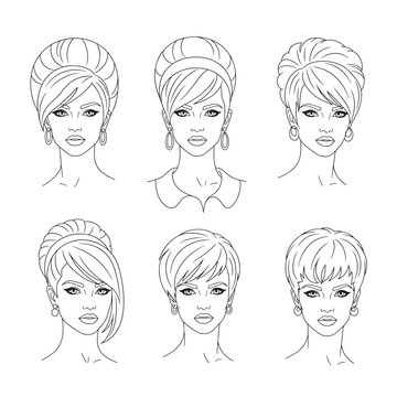Vector illustration of six retro women's hairstyles, featuring various vintage hair designs and elegant female portraits.