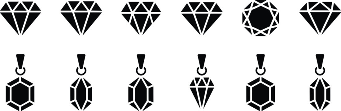 Set of Diamond and Gemstone Pendant Vector Illustrations Including Faceted Gems, Necklaces, and Jewelry Designs in Black Silhouette for Luxury, Fashion, and Accessory Projects