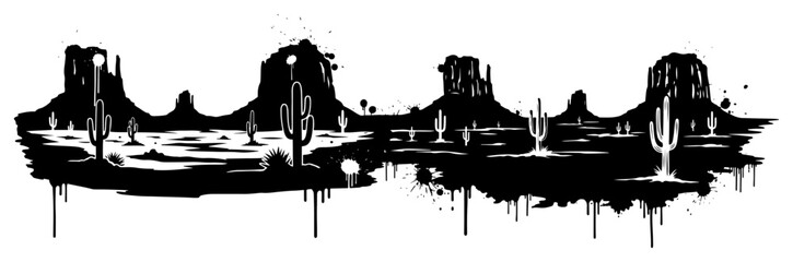 Desert landscape with mesas and cacti in black and white ink splatter style © UrbanDruid