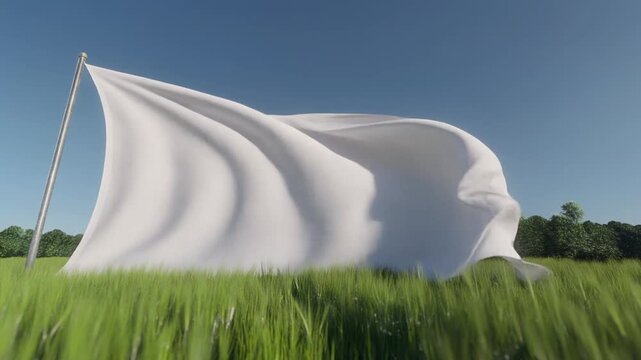 A pristine white flag gracefully fluttering in a gentle breeze across a vast green field under a clear blue sky, symbolizing peace, surrender, or a fresh start in an expansive natural landscape