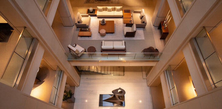 High angle view of modern hotel lobby lounge interior with luxury furniture seating areas interior furniture hospitality architecture reception building commercial vacation