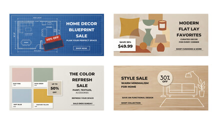 Fototapeta premium Home decor sale banners with blueprint, flat lay, color swatches, and minimalist interior design