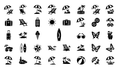 Black beach icons set with various summer vacation and travel related objects © vector design 