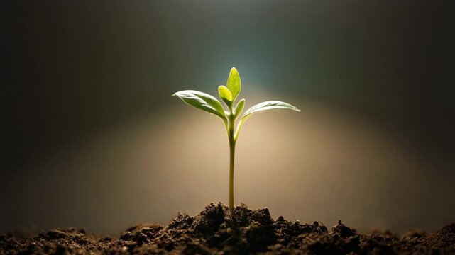 A young sprout emerges from the soil, bathed in a spotlight, symbolizing growth and new beginnings in nature