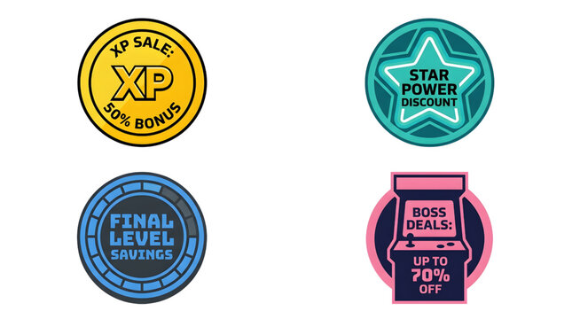 Four gaming-themed sale badges isolated on transparent background