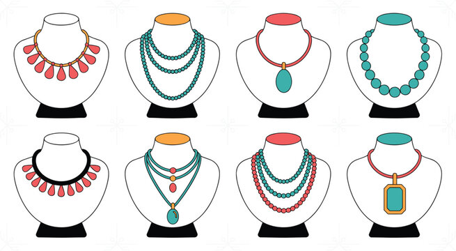 Set of Necklace Display Vector Illustrations Featuring Beaded, Layered, Pendant, and Statement Necklaces for Fashion, Jewelry, and Accessory Design Projects