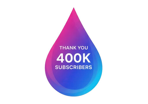Thank you 400k subscribers celebration graphic, vibrant purple and blue gradient water drop icon, social media milestone achievement banner