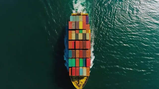 Aerial view of a cargo ship moving through the ocean, carrying various colorful containers