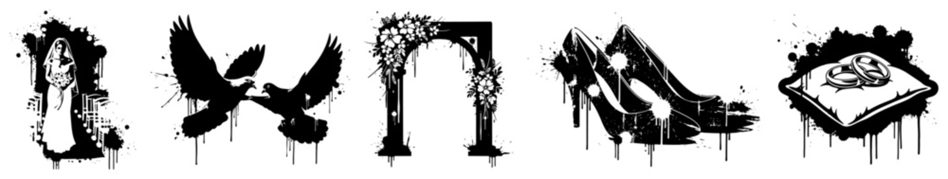 Wedding decorative icons with bride silhouette and doves in black ink splatter style