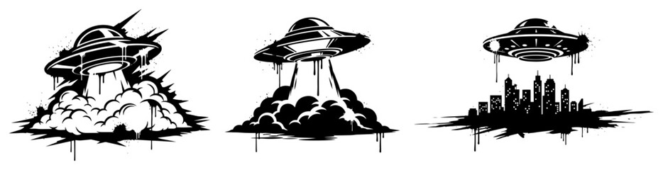 UFO spaceships hovering over city skyline in grunge ink splatter style © UrbanDruid