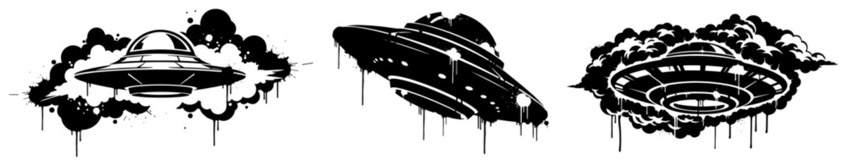 UFO flying saucers and mysterious spacecraft in grunge ink splatter style © UrbanDruid
