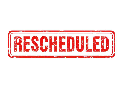 Rescheduled red rubber stamp icon, distressed vintage ink texture on white background, appointment change and event postponement notification