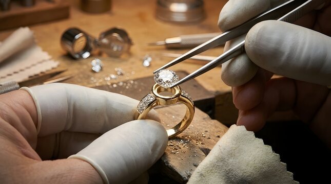 Jeweler setting diamond into gold ring with tweezers in professional shop.
