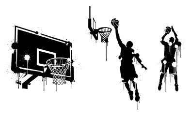 Basketball players silhouettes and hoop with backboard in urban stencil graffiti style © UrbanDruid