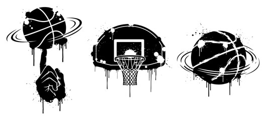 Basketball icons set with spinning ball and hoop in black and white ink drip style © UrbanDruid