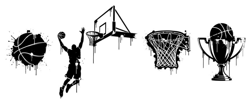 Basketball elements collection including player dunking and championship trophy in ink splatter style