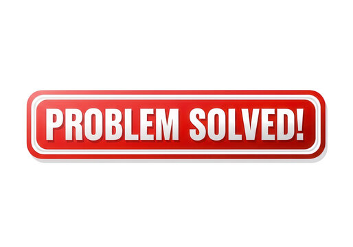 Problem Solved red sign with white text, glossy rectangular button for business solutions, success and resolution concept icon on white background