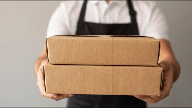 Two boxes with fast food being carried by delivery man in uniform for one of clients