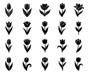 Fototapeta premium Tulip flowers isolated icons. floral bouquet. spring blossom. black silhouette collection.