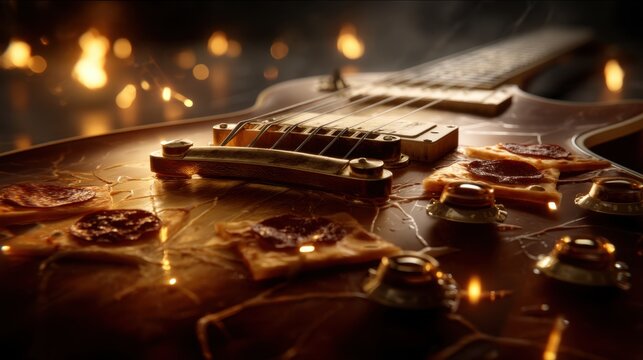 Melted cheese guitar performance pizza festival digital art urban setting close-up view creative culinary concept