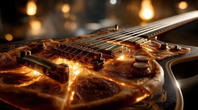 Unique pizza slice guitar creation culinary art studio high-quality visuals creative environment close-up perspective melting cheese strings