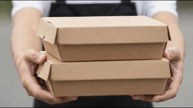 Two boxes with fast food being carried by delivery man in uniform for one of clients