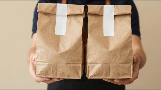 Two boxes with fast food being carried by delivery man in uniform for one of clients