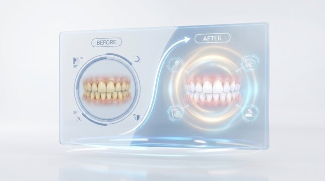 A digital display comparing yellow teeth before and white teeth after whitening treatment with a blue and gold holographic interface.