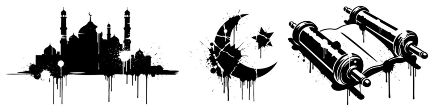 Mosque silhouette with crescent moon and Torah scroll in grunge ink style