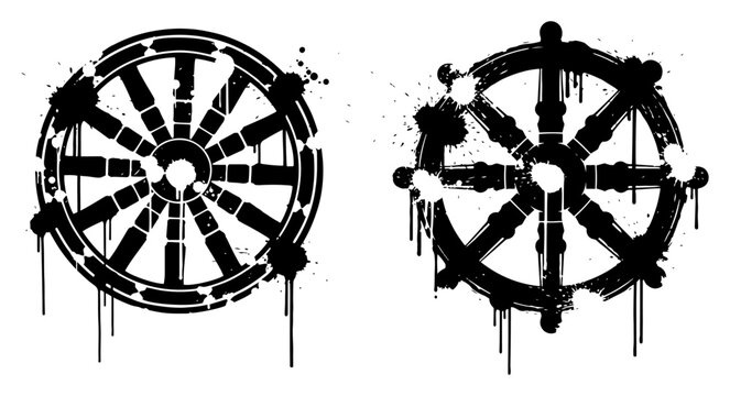 Dharma wheel and nautical helm steering wheel in grunge ink splatter style