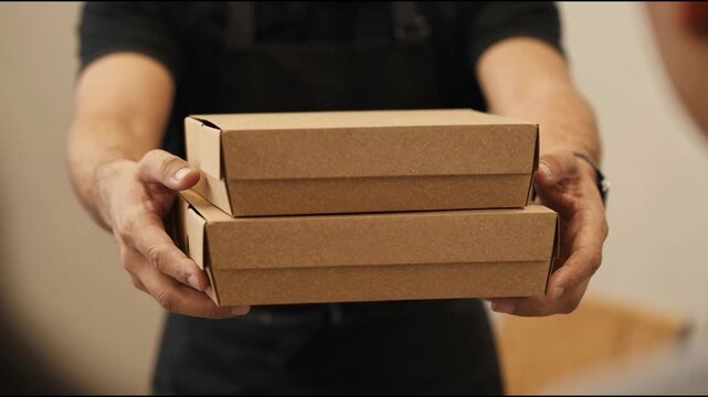 Two boxes with fast food being carried by delivery man in uniform for one of clients