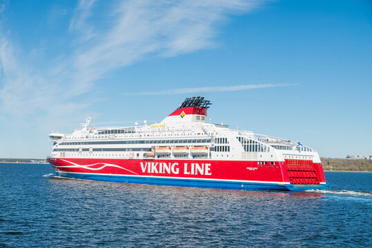 TALLINN, ESTONIA - 7 MAY 2026: The large red and white Viking Line cruise ferry Viking Xprs sailing on the Baltic Sea near the passenger port.