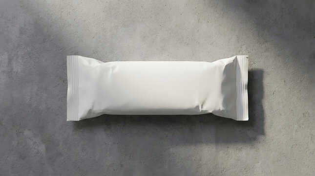 Empty snack bar wrapper on neutral textured background minimalist product packaging mockup. Generative AI
