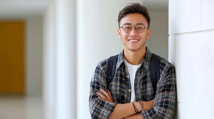 Obraz premium In a sleek school corridor, a cheerful student leans against the wall, arms crossed, showcasing his casual outfit and engaging smile. Bright and confident, he embodies youth