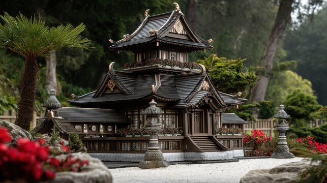Intricate sushi roll temple design japanese landscape architectural art tranquil garden aesthetic view culinary inspiration