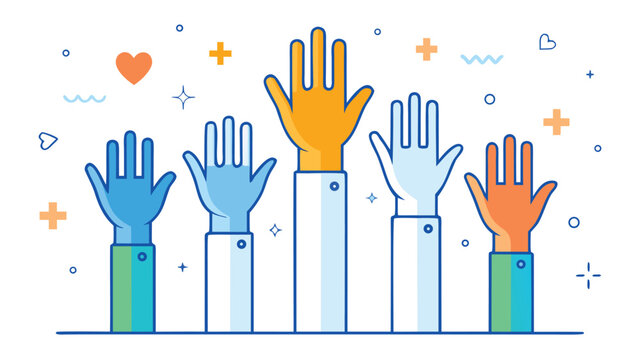 Diverse raised hands reaching up during a group activity with abstract celebratory elements