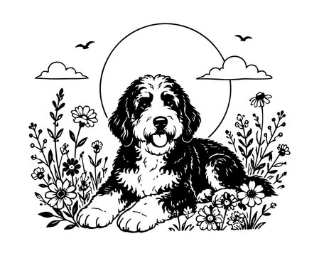Bernedoodle Dog in Garden Vector Illustration for cricut printable EPS