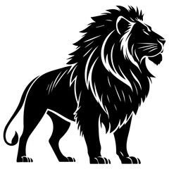 A black and white vector illustration of a lion standing in profile view, showcasing its majestic mane and powerful physique. © Saiful