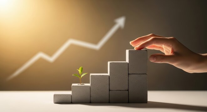 Hand places block on growth staircase with seedling and upward arrow